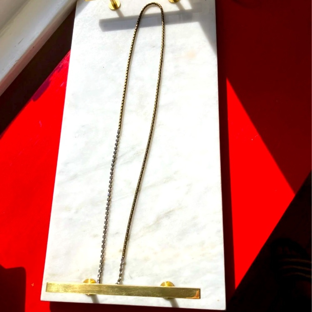 Vintage | J Crew Long Brass Chain Necklace with faux diamond accents